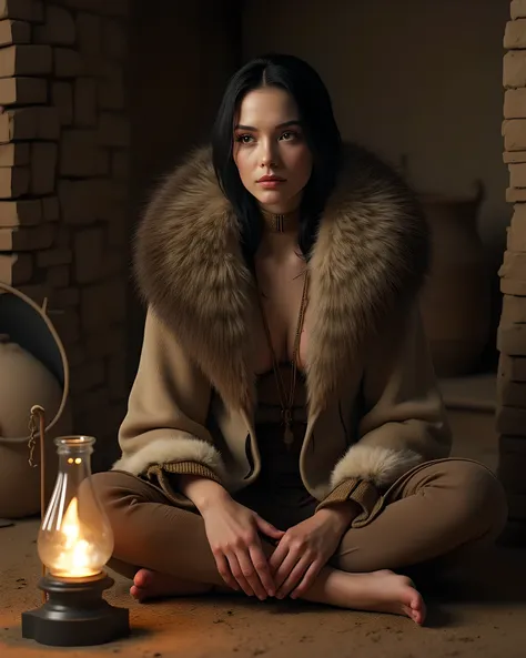 Ancient age era,(prehistoric age era:1.6), ((Realistic cinematography best cinematic angle depth intense details of realistically beautiful inside mud brick house scenery)),,(focusing on a closeup depiction:primitive boredom gesture of beauty iraq female s...