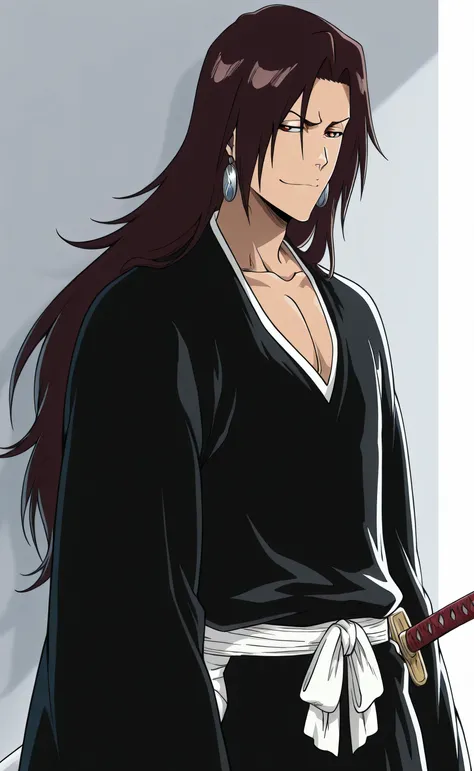 1male, solo, Hao Asakura, long hair, dark brown hair, red eyes, earring, cool face, smug-smile, closed mouth, lazy, bleach shinigami clothes, muscle, katana, white wall, male focus, Bleach Anime Style