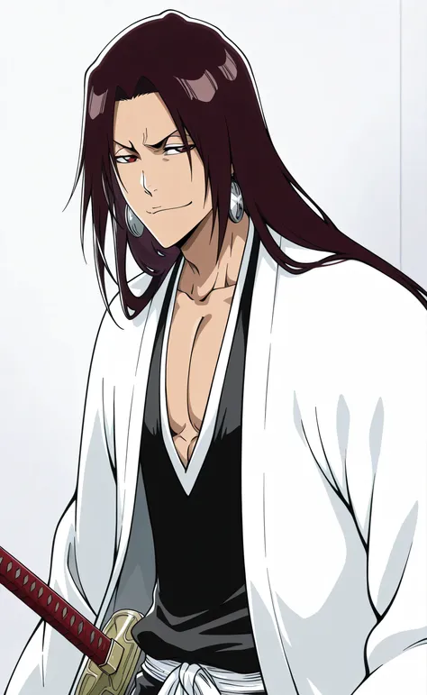 1male, solo, Hao Asakura, long hair, dark brown hair, red eyes, earring, cool face, smug-smile, closed mouth, lazy, Taichou Haori Bleach, muscle, katana, white wall, male focus, Bleach Anime Style