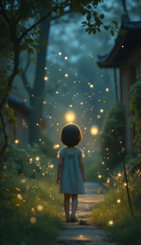 A child reaches up to catch fireflies in a quiet garden at dusk, with distant lanterns glowing behind. The atmosphere is magical and innocent, painted in a dreamlike storybook style. Soft lighting, gentle brush texture, rich colors. Ultra-detailed, 8k, nar...