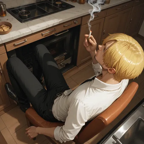 overhead shot: sanji (one piece), wearing a white long-sleeved collared shirt, wearing black trousers, wearing black loafers, sitting in the kitchen, smoking, he was enjoying a cigarette, there was cigarette smoke.