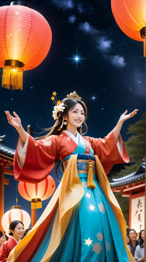 A Japanese autumn festival at night , with lanterns and a lively crowd in the background. At the center , on top of tall wooden festival stage decorated with glowing lanterns , stands a beautiful goddess idol . She is the clear focus of the scene , full bo...