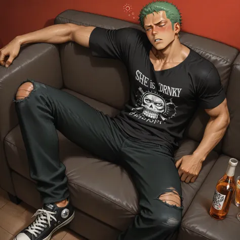 overhead shot: roronoa zoro, wearing an oversized black t-shirt, wearing ripped long black jeans, wearing converse shoes, sitting on the sofa, he looks drunk, his face is red, he is sleepy, his body is muscular, the background is a drink bar.