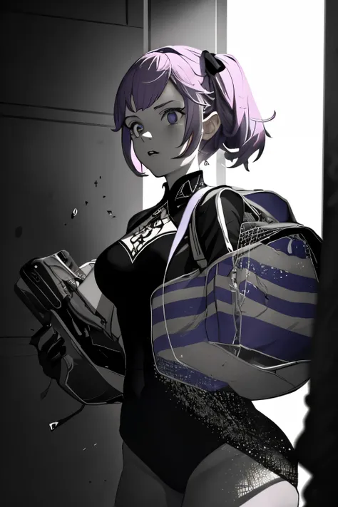 masterpiece, high resolution, best quality, ultra-detailed, 8k resolution, (dramatic lighting:1.3), (chiaroscuro:1.3), (low key lighting:1.4), (side lighting:1.8), adorable young female assassin with innocent round face and rosy cheeks contrasting with cal...