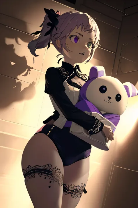 masterpiece, high resolution, best quality, ultra-detailed, 8k resolution, (dramatic lighting:1.3), (chiaroscuro:1.3), (low key lighting:1.4), (side lighting:1.8), adorable young female assassin with innocent round face and rosy cheeks contrasting with cal...