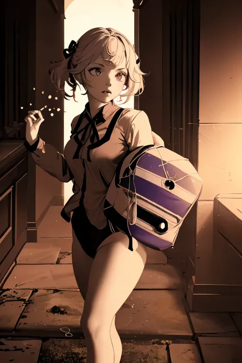 masterpiece, high resolution, best quality, ultra-detailed, 8k resolution, (dramatic lighting:1.3), (chiaroscuro:1.3), (low key lighting:1.4), (side lighting:1.8), adorable young female assassin with innocent round face and rosy cheeks contrasting with cal...