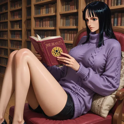 nico robin (one piece), real skin, alone, long black hair, textured cloth clothes, She is beautiful and sexy, wearing a long-sleeved oversized purple knit sweater, wearing black shorts, sitting in the library while reading a book.