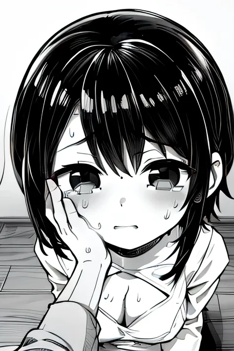 ((( Line art ))),((( monochrome:1.1))) ,ideal ratio body proportions,((pov hand on another's cheek)),1girl ,solo,iris , (dark eyes),( small eyes ),(Slanted Eyes) ,(((open eyes))),crying,(black hair),( short hair ),bangs ,closed mouth,(((short stature:1.2))...