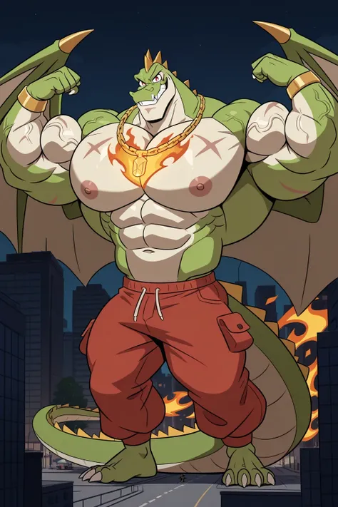 A Green Giant Max the crocodile as a weredragon, furry, (anthro), male, red eyes, looking at viewer, 2 biggest dragon wings ginomous biceps, enormous pectorals, detailed abs, muscular body, flexing his powerful muscles pose, bouncing pecs, muscular abs, (...