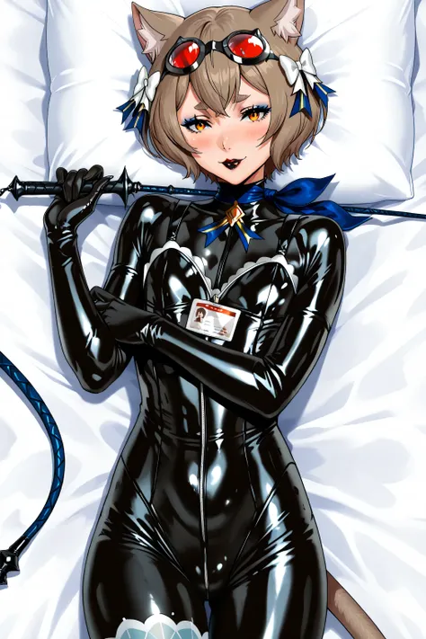 catwoman, 1girl, latex bodysuit, black bodysuit, goggles on head, shiny clothes, skin tight, lips, gloves, leather, lipstick, felix argyle, short hair, bangs, brown hair, animal ears, hair bow, male focus, cat ears, eyelashes, bob cut, thick eyebrows, wh...