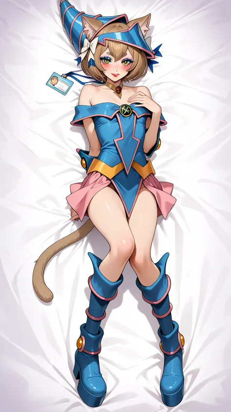 blue headwear, choker, bare shoulders, wizard hat, blonde wig, dark magician girl cosplay, felix argyle, short hair, bangs, brown hair, animal ears, hair bow, male focus, cat ears, eyelashes, bob cut, thick eyebrows, white bow, otoko no ko, cat tail, smal...