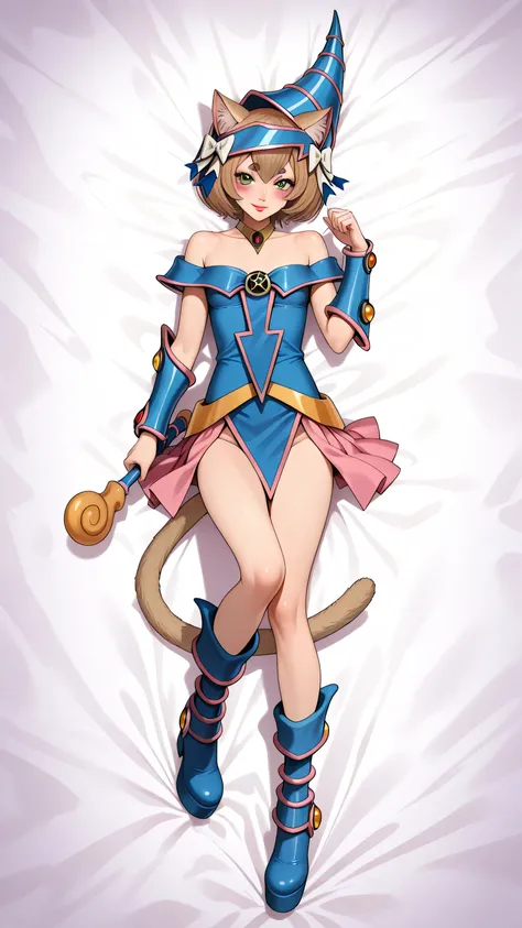 blue headwear, choker, bare shoulders, wizard hat, , dark magician girl cosplay, felix argyle, short hair, bangs, brown hair, animal ears, hair bow, male focus, cat ears, eyelashes, bob cut, thick eyebrows, white bow, otoko no ko, cat tail, small breasts,...