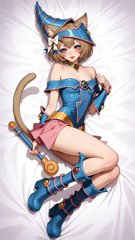 blue headwear, choker, bare shoulders, wizard hat, , dark magician girl cosplay, felix argyle, short hair, bangs, brown hair, animal ears, hair bow, male focus, cat ears, eyelashes, bob cut, thick eyebrows, white bow, otoko no ko, cat tail, small breasts,...