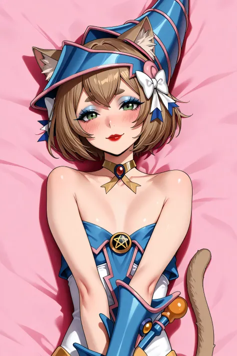 blue headwear, choker, bare shoulders, wizard hat, , dark magician girl cosplay, felix argyle, short hair, bangs, brown hair, animal ears, hair bow, male focus, cat ears, eyelashes, bob cut, thick eyebrows, white bow, otoko no ko, cat tail, small breasts,...