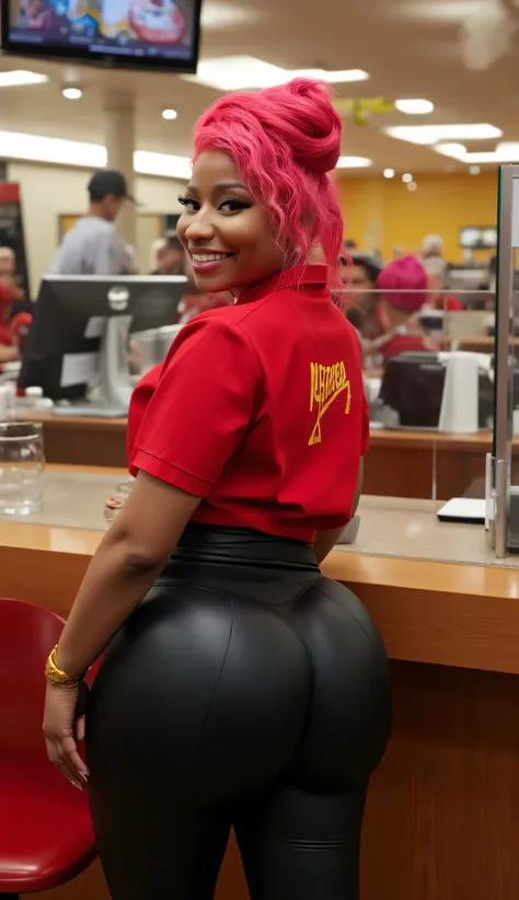 candid photo of Nicki Minaj working as a McDonald's cashier, McDonald's fast food, McDonalds uniform, tight black leggings, red polo shirt, ghetto, RAW, Best quality, high resolution, (masterpiece: 1.3), 1woman, solo, very detailed, big breasts, huge butto...