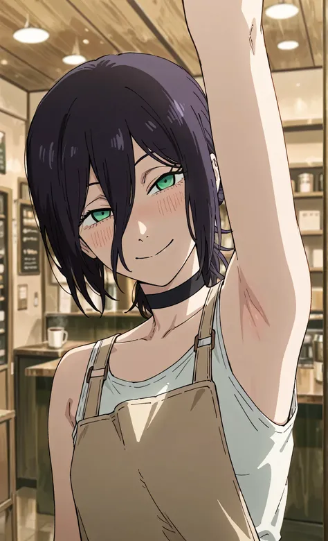masterpiece, best quality, amazing quality, anime screencap, anime coloring, 1girl, solo, rezeanime, anime, chainsaw man, reze \(chainsaw man\), green eyes, medium hair, hair between eyes, single hair bun, choker, white shirt, sleeveless shirt, apron, bare...