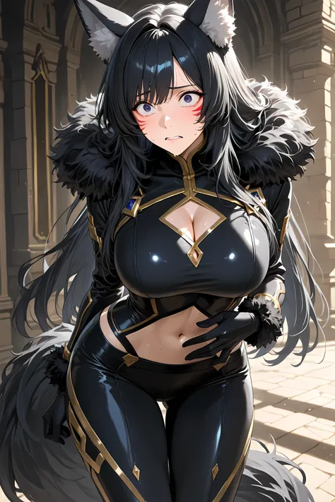 delta, black hair, long hair, facial mark, wolf ears,black bodysuit, long sleeves, cleavage cutout, gold trim, navel, black pants, black gloves, fur trim, tail,

Solo, general, masterpiece, highres, ultra-detailed, hyper-detailed, best quality,  amazing qu...