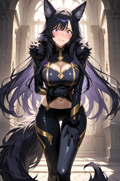 delta, purple eyes, purple facial mark,  black hair, long hair, facial mark, wolf ears,black bodysuit, long sleeves, cleavage cutout, gold trim, navel, black pants, black gloves, fur trim, tail,

Solo, general, masterpiece, highres, ultra-detailed, hyper-d...