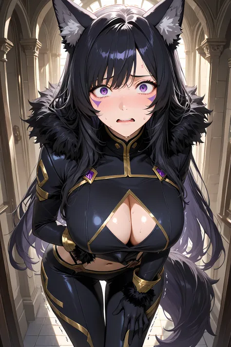 delta, purple eyes, purple facial mark,  black hair, long hair, facial mark, wolf ears,black bodysuit, long sleeves, cleavage cutout, gold trim, navel, black pants, black gloves, fur trim, tail,

Solo, general, masterpiece, highres, ultra-detailed, hyper-d...