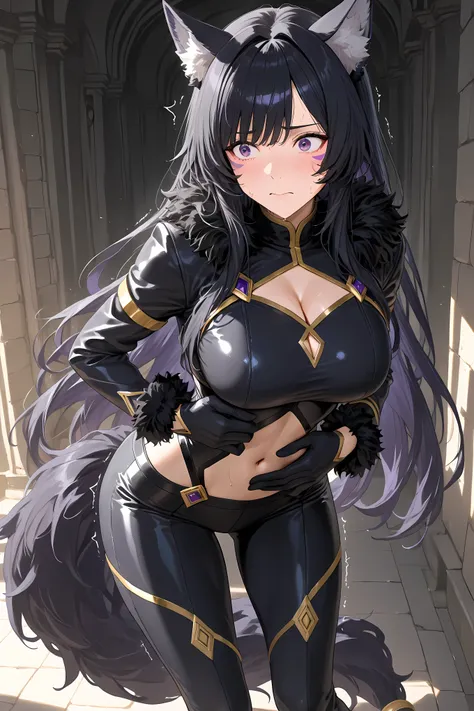 delta, purple eyes, purple facial mark,  black hair, long hair, facial mark, wolf ears,black bodysuit, long sleeves, cleavage cutout, gold trim, navel, black pants, black gloves, fur trim, tail,

Solo, general, masterpiece, highres, ultra-detailed, hyper-d...