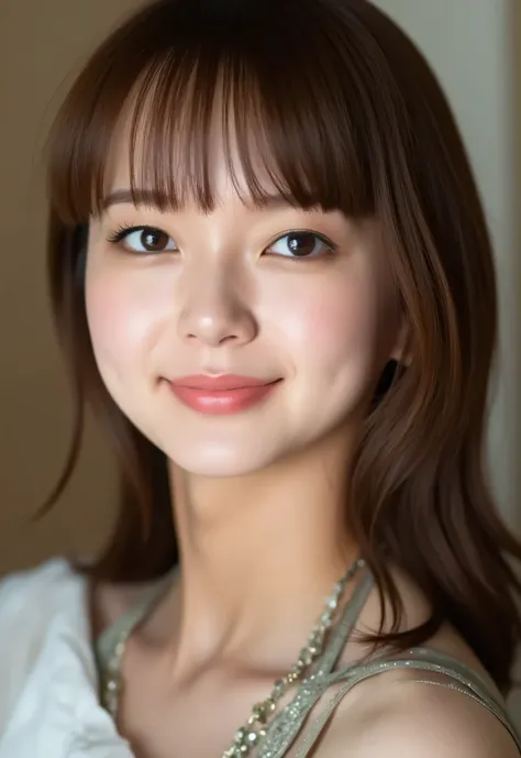 looking at viewer, beautiful skin, beautiful eyes, beautiful face, full make up, masterpiece, Super Details, Best lighting, Realistic and Realistic Pictures, high definition RAW color pictures, slightly smile, brown hair, highly detailed eyes, mikako_tabe,