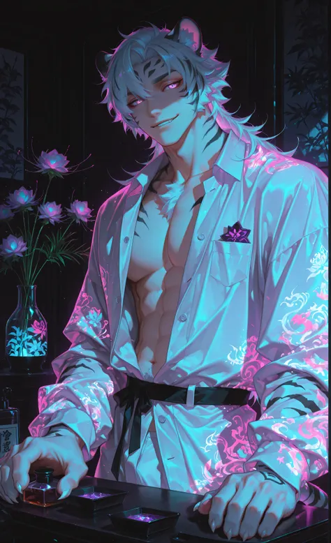 (neon aesthetic, neon colors, glowing, glow effect, vibrant colors, high contrast, fluorescent, luminescence, light effects, chromatic lighting, colorful lighting, bright outlines, neon lineart, dark background, digital art, kemonomimi_mode, animal_ears, n...