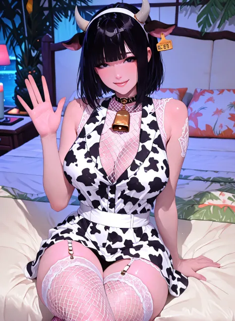 ox-ear headband and horn、My idol niece、choker and cowbell、popping smile、big boobs、(((((cow pattern sleeveless blouse)))))、white tight skirt、garter fishnet tights、thighs、((((tropical resort bed))))、black hair bob hair、Legs crossed at the edge of the bed、is ...