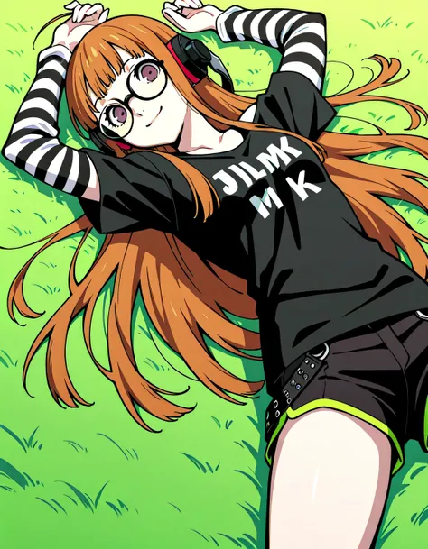 p5futaba, sakura futaba, long hair, glasses, blunt bangs, orange hair, ahoge, p5futaba-lounge, black shirt, striped sleeves, behind-the-head headphones, jlmk!, black shorts, short shorts, shiny skin, high quality, solo, lying, on back, arms up, legs apart,...