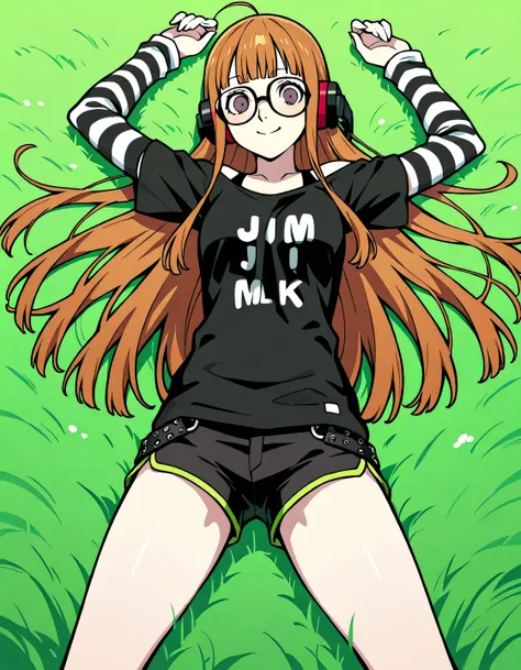 p5futaba, sakura futaba, long hair, glasses, blunt bangs, orange hair, ahoge, p5futaba-lounge, black shirt, striped sleeves, behind-the-head headphones, jlmk!, black shorts, short shorts, shiny skin, high quality, solo, lying, on back, arms up, legs apart,...