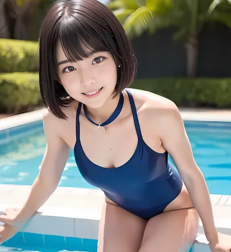 Middle School Studentの少女　藍色school swimsuit　学校指定のone-piece swimsuit=紺school swimsuit　chokers and uniform ribbons　Complete limbs　Swimming club member　sunburn　Brown skin　Trained Limbs　Toned Abs　slender figure　光沢のあるone-piece swimsuit　Very small nose　Beautiful ...