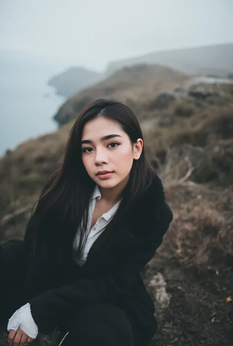 chrrblssm (sharp focus:1.2), photo, attractive young woman, (beautiful face:1.1), detailed eyes, luscious lips, (smokey eye makeup:0.85), wearing (fur coat:1.2) on a (cliffside:1.2). (moody lighting:1.2), depth of field, bokeh, 4K, HDR. by (James C. Chris...