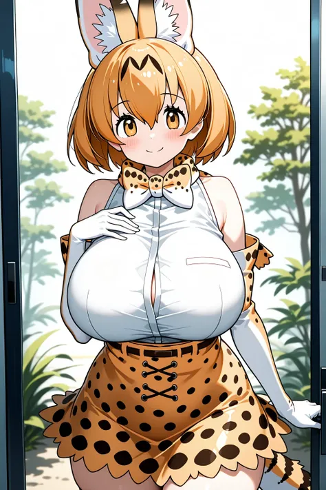 serval (kemono friends), huge breasts, cowboy shot