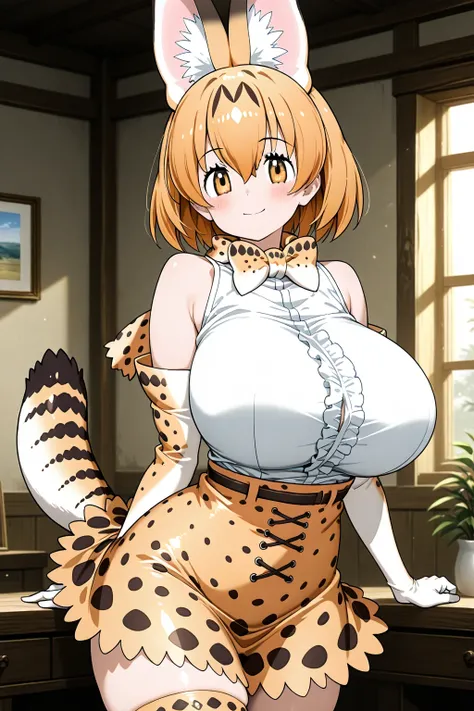 serval (kemono friends), huge breasts, cowboy shot