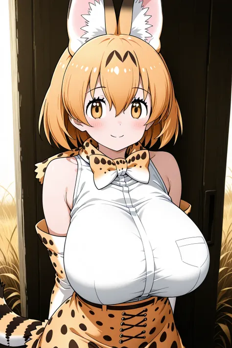 serval (kemono friends), huge breasts, cowboy shot