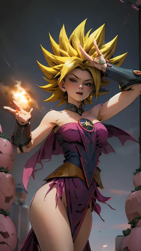 Darck magician girls is a super Saiyan. She has blonde hair. She expels her neon pink energy. All over his body . Darck magician girls is a super Sayayin. She has her traditional dark hooker outfit. Cinematic and sensual pose. Take the whole body 
