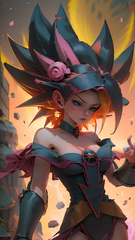 Darck magician girls is a super Saiyan. She has blonde hair. She expels her neon pink energy. All over his body . Darck magician girls is a super Sayayin. She has her traditional dark hooker outfit. Cinematic and sensual pose. Take the whole body 