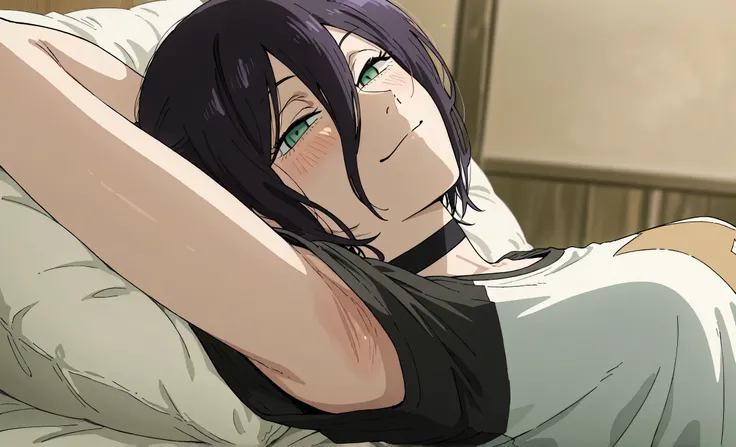 masterpiece, best quality, amazing quality, anime screencap, anime coloring, 1girl, solo, rezeanime, anime, chainsaw man, reze \(chainsaw man\), green eyes, medium hair, hair between eyes, single hair bun, choker, two-tone shirt, very short sleeves, arm be...