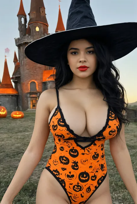 The close up 8k, retro cinematic grain of the big boobs of a very beautiful 15-year-old mexican teenager with wavy black hair, intense red lips and black witch's hat, orange halloween themed one-piece swimsuit Haunted Castle. High definition, 8k