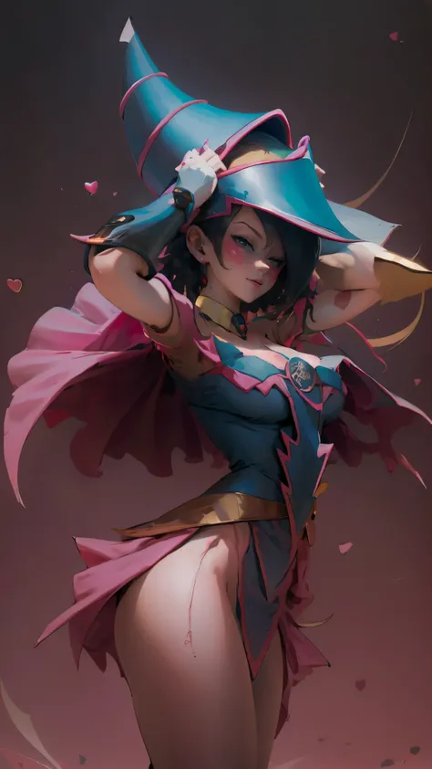 dark magician gils es una súper Saiyajin,  sexy, Subjective and sensual pose. magic background. Magical heart in the air. magic circle. 