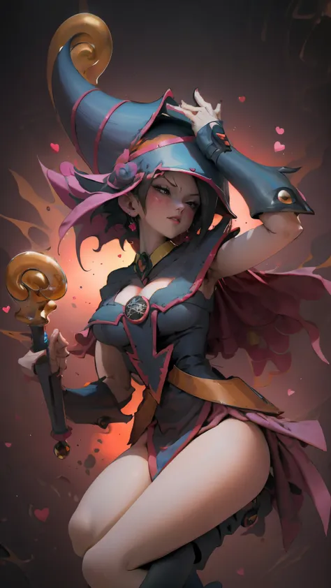 dark magician gils es una súper Saiyajin,  sexy, Subjective and sensual pose. magic background. Magical heart in the air. magic circle. 