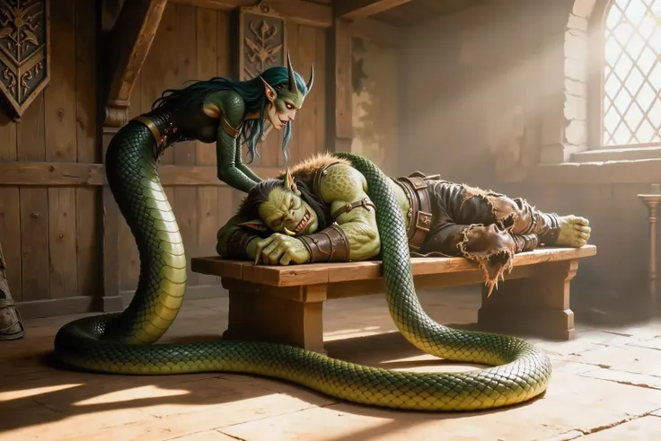 n4g4,snake hybrid,horns and scales,better quality, Ultra-detailed, Highest resolution 8K,  Cinematic emotional static frame, 8K UHD, extremely detailed, physical visualization, masterpiece, HDR, (sfw:1.4), 
close-up view from below on a wooden bench lies o...