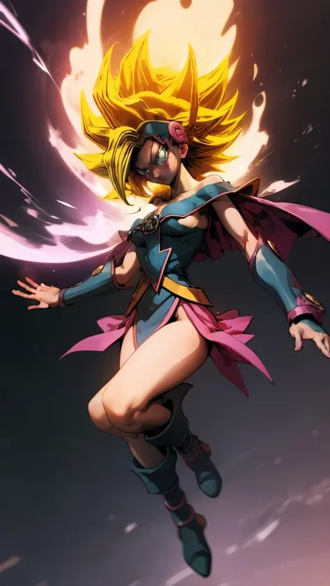 Darck magician girls is a super Saiyan. She has blonde hair. She expels her neon pink energy. All over his body . Darck magician girls is a super Sayayin. She has her traditional dark hooker outfit. Cinematic and sensual pose. Take the whole body