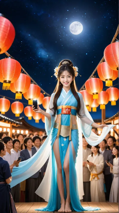 A Japanese autumn festival at night , with lanterns and a lively crowd in the background. At the center , on top of tall wooden festival stage decorated with glowing lanterns , stands a beautiful goddess idol . She is the clear focus of the scene , full bo...