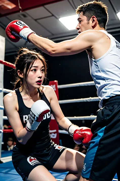  Boxing Trainer ，Boxing Gym，Can you draw a man who is coaching boxers and watching the game with a，タオルを持ってMan watching the gameを描けますか，female players are playing,Man watching the game,，、reality，       Picture       