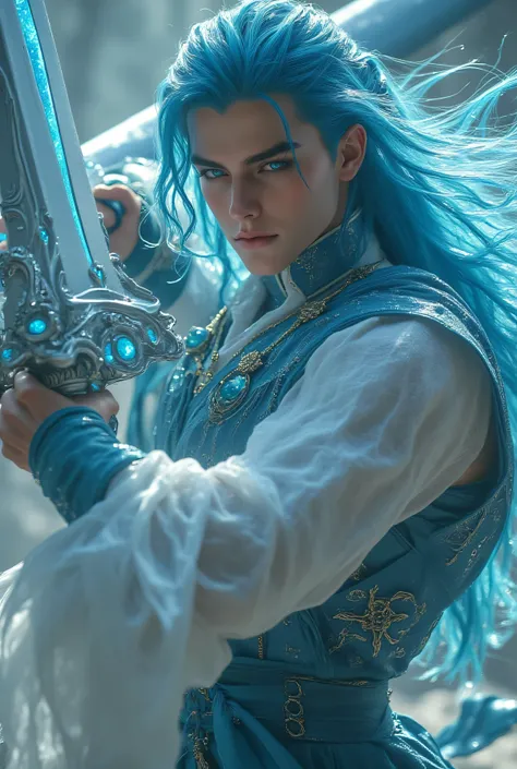 Pull down her very, very long, wavy blue hair、light blue eyebrows、White skin is smooth and smooth、Thin and clean chin、Men are beautiful, very large, impressive, light blue eyes、Very Wide, Luxurious, Big Magical Giant Sword、Luxurious Fantasy Male Costume、A ...