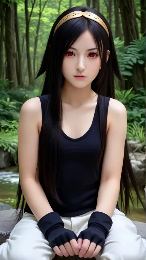 Masterpiece, best quality, 8k, ultra high resolution, photorealistic, cinematic composition.1girl, solo,hikari uchiha,black hair,(long hair:1.4),outdoors,potrait,small breast,red eyes,(sitting on stone:1.5),(front view), looking at viewer,(rainforest backg...