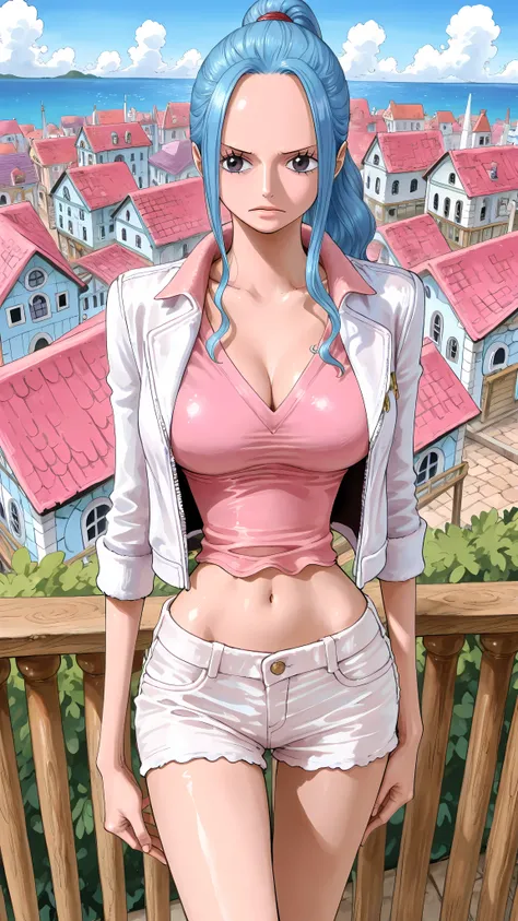 (masterpiece,best quality:1.2,amazing quality,very aesthetic, absurdres, newest), (full coloring), official style,(Nefertari Vivi ,one piece),1girl,solo,(skinny:1.2), medium breasts,ponytail,white jacket,collared jacket,pink shirt,V-neck,midriff,white shor...