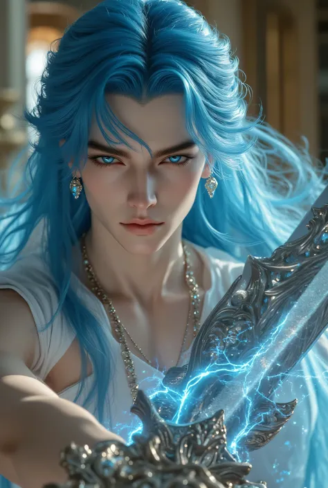 Pull down her very, very long, wavy blue hair、light blue eyebrows、White skin is smooth and smooth white skin、Thin and clean chin、man with a very wide, luxurious, and large giant magic sword is beautiful, very large, and has impressive light blue eyes、The、L...