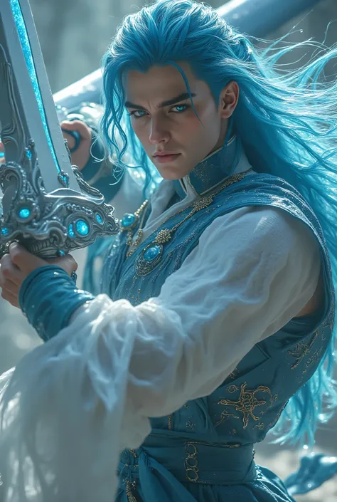 Pull down her very, very long, wavy blue hair、light blue eyebrows、White skin is smooth and smooth、Thin and clean chin、Men are beautiful, very large, impressive, light blue eyes、Very Wide, Luxurious, Big Magical Giant Sword、Luxurious Fantasy Male Costume、A ...