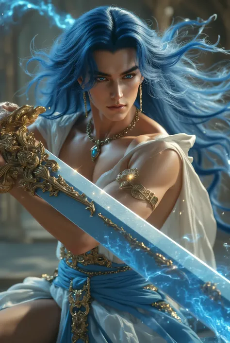 Pull down her very, very long, wavy blue hair、light blue eyebrows、Fair skin、Clean, thin jaw、White skin is smooth and smooth white skin、man with a very wide, luxurious, and large giant magic sword is beautiful, very large, and has impressive light blue eyes...